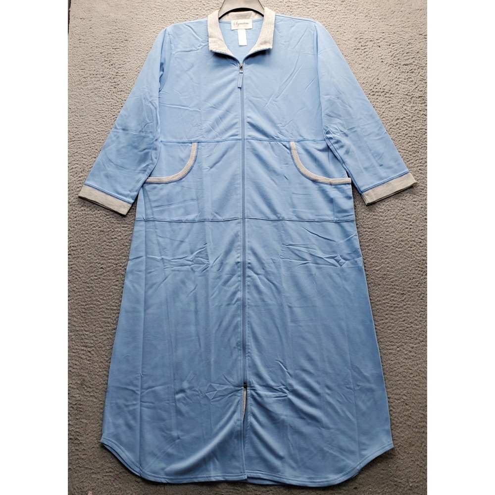 Stan Herman Signature Lounge Robe Womens XL Blue 3/4 Sleeve Front Zip Sleepwear